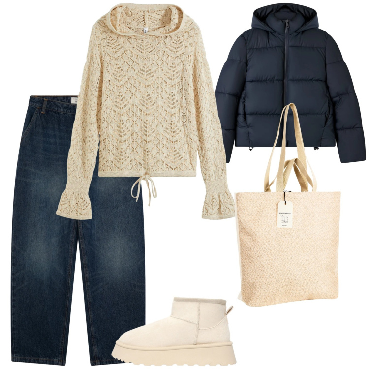 Outfit donna - Spese natalizie. per Serata fuori. Abbinamento con maglieria, borse tote, jeans, bomber, stivaletti.