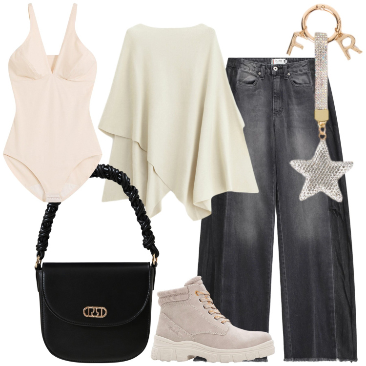 Outfit donna - Total look. Stile Trendy per Ufficio. Abbinamento con body, stivaletti, jeans, maglieria, borse a mano, portachiavi.