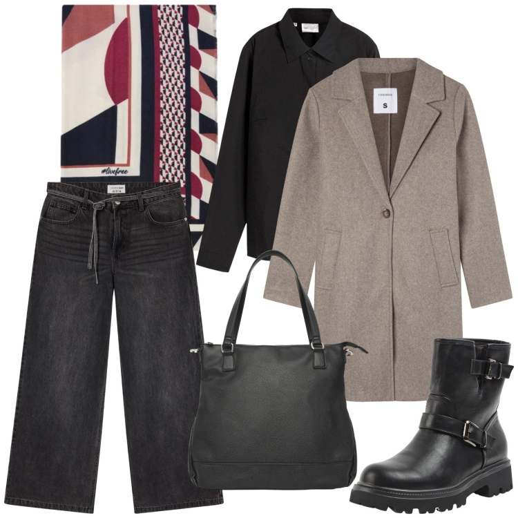 Outfit donna - Un foulard a fantasia. Stile Casual chic per Tutti i giorni. Abbinamento con camicie, stivaletti, jeans, shopping bag, cappotti, foulard.