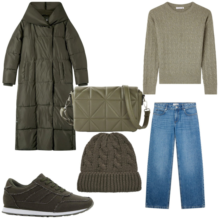 Outfit donna - Puffer jacket. Stile Casual chic per Tutti i giorni. Abbinamento con borse a tracolla, sneakers, cappotti, jeans, maglieria, berretti.
