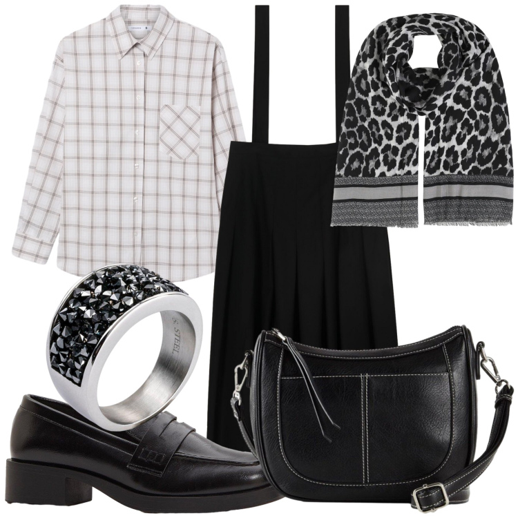 Outfit donna - Total look. Stile Trendy per Ufficio. Abbinamento con mocassini, anelli, borse a tracolla, foulard, camicie, gonne lunghe.