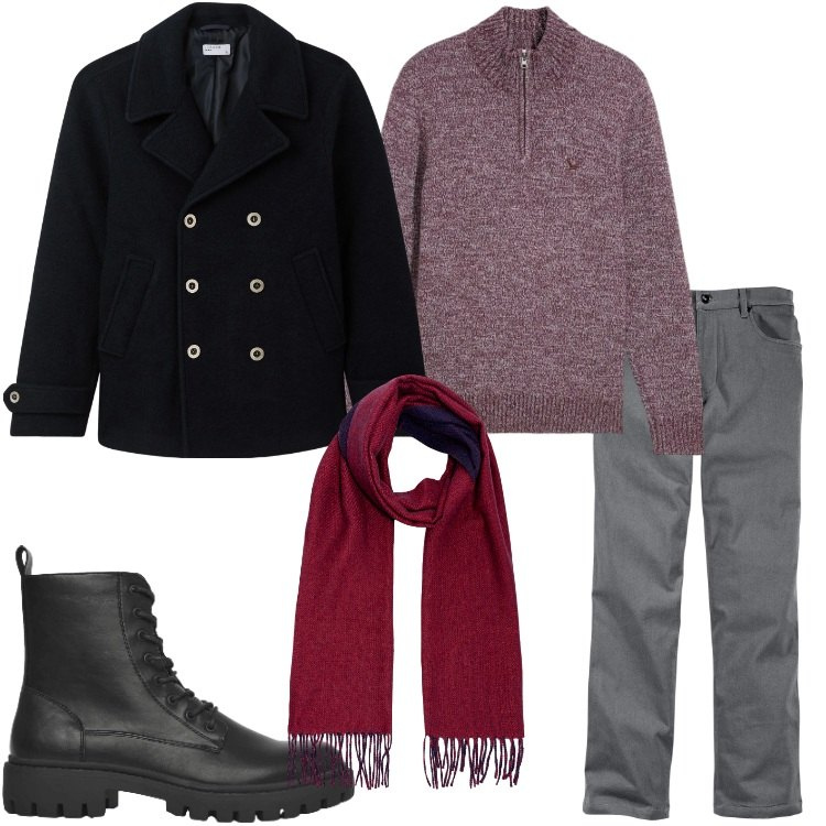 Outfit uomo - Casual a dicembre. Stile Casual per Tutti i giorni. Abbinamento con pantaloni, maglieria, cappotti, anfibi, sciarpe.