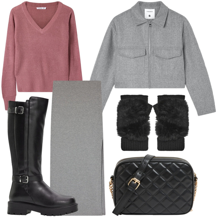 Outfit donna - Gift of style. Stile Minimal per Serata fuori. Abbinamento con stivali, gonne lunghe, borse a tracolla, blazer, maglieria, guanti.