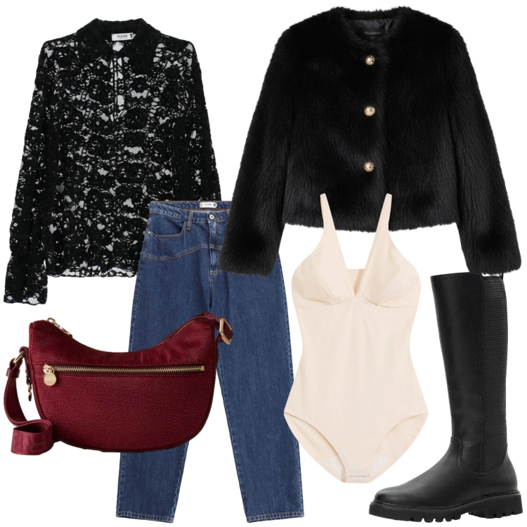 Outfit donna - Gift of style. Stile Glamour per Serata fuori. Abbinamento con body, stivali, camicie, jeans, ecopellicce, borse a tracolla.