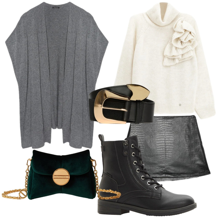 Outfit donna - Gift of style. Stile Urban per Serata fuori. Abbinamento con stivaletti, maglieria, borse a tracolla, gilet, minigonne, cinture.