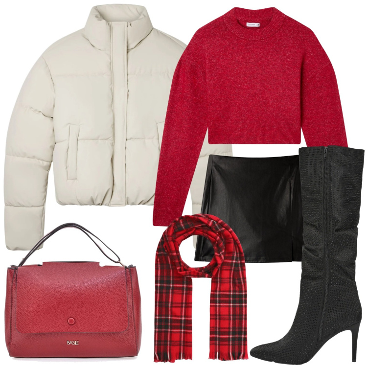 Outfit donna - Terranova - Xmas Edition 2025. Stile Trendy per Serata fuori. Abbinamento con stivali, minigonne, bomber, maglieria, sciarpe, borse a tracolla.