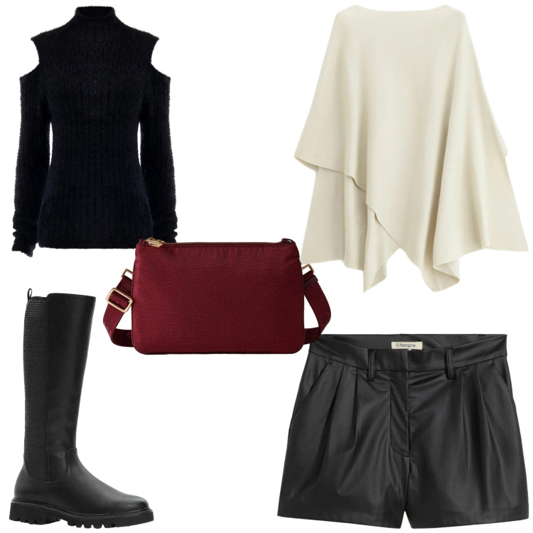 Outfit donna - In centro con le amiche. Stile Trendy per Tutti i giorni. Abbinamento con stivali, shorts, maglieria, maglieria, borse a tracolla.