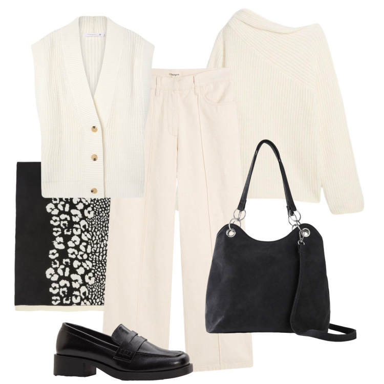 Outfit donna - Cardigan gilet in maglia. Stile Trendy per Tutti i giorni. Abbinamento con pantaloni, mocassini, borse a mano, maglieria, gilet, sciarpe.