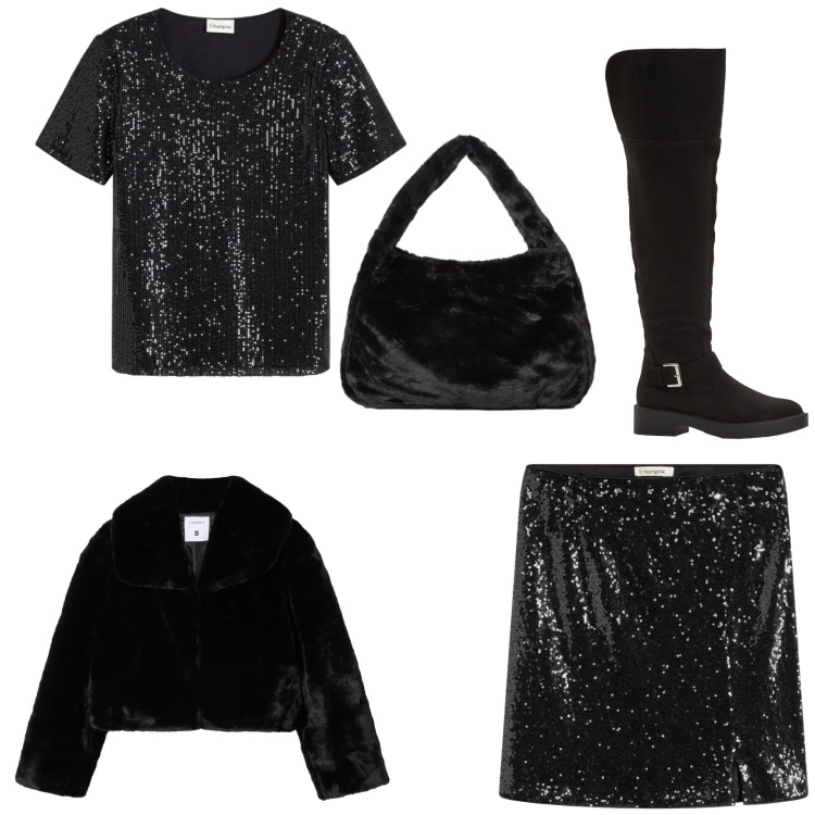 Outfit donna - Giorni di festa per brillare. Stile Glamour per Serata fuori. Abbinamento con minigonne, stivali sopra il ginocchio, maglieria, ecopellicce, borse a spalla.