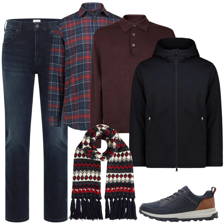 Outfit uomo - Giornata di vento. Stile Casual per Tutti i giorni. Abbinamento con jeans slim fit, sneakers, parka, polo, camicie, sciarpe.
