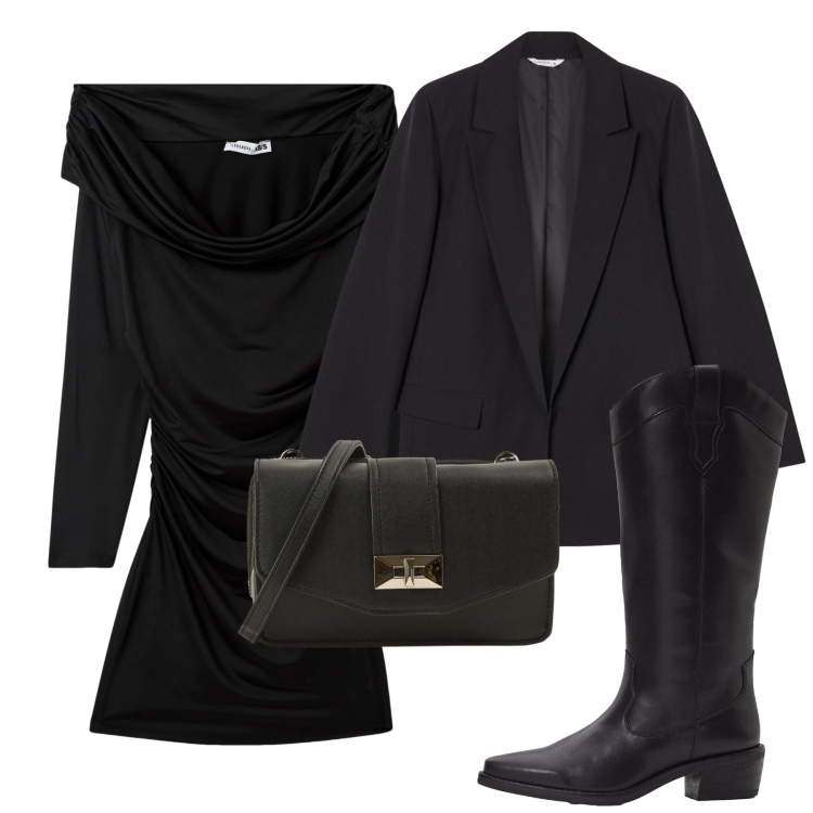 Outfit donna - Nero. Stile Chic per Serata fuori. Abbinamento con stivali, borse a tracolla, blazer, vestiti corti.