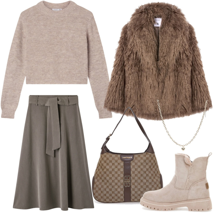 Outfit donna - Festa se fuori piove. Stile Casual chic per Ufficio. Abbinamento con gonne lunghe, ecopellicce, collane, maglieria, borse a spalla, stivaletti.