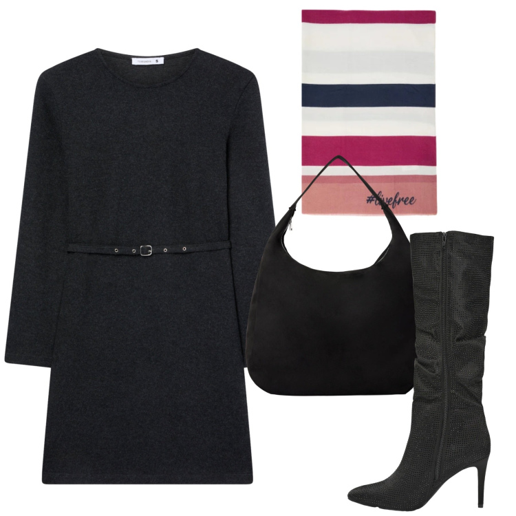 Outfit donna - Chic in ufficio. Stile Chic per Ufficio. Abbinamento con vestiti midi/longuette, stivali, borse a mano, sciarpe.