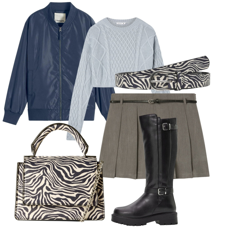 Outfit donna - Zebra. Stile Preppy per Tutti i giorni. Abbinamento con stivali, bomber, borse a tracolla, cinture, minigonne, maglieria.