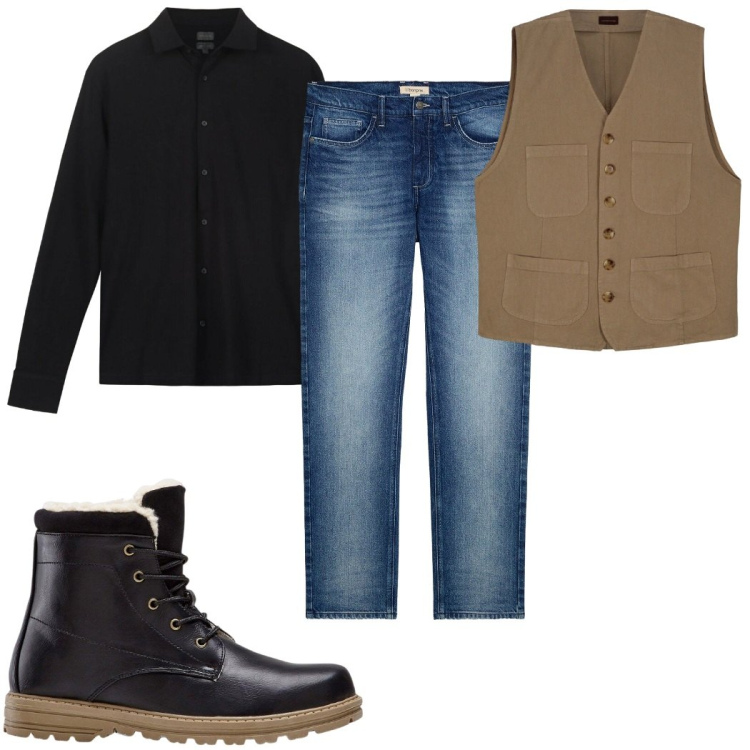 Outfit uomo - Total look #2296858. Stile Casual per Tutti i giorni. Abbinamento con stivali e stivaletti, jeans dritti, gilet, polo.