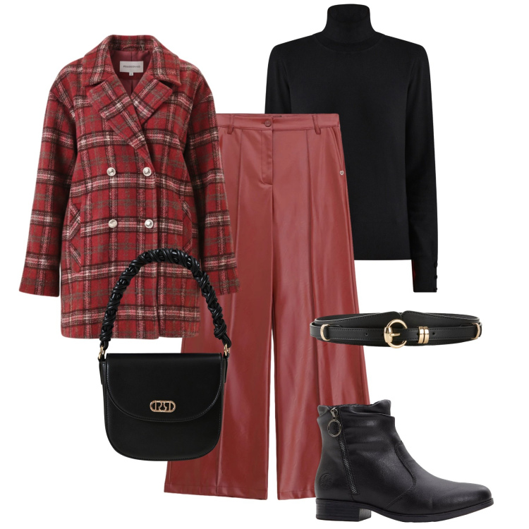 Outfit donna - Il cappottino check. Stile Trendy per Tutti i giorni. Abbinamento con stivaletti, cinture, pantaloni, cappotti, borse a mano, maglieria.