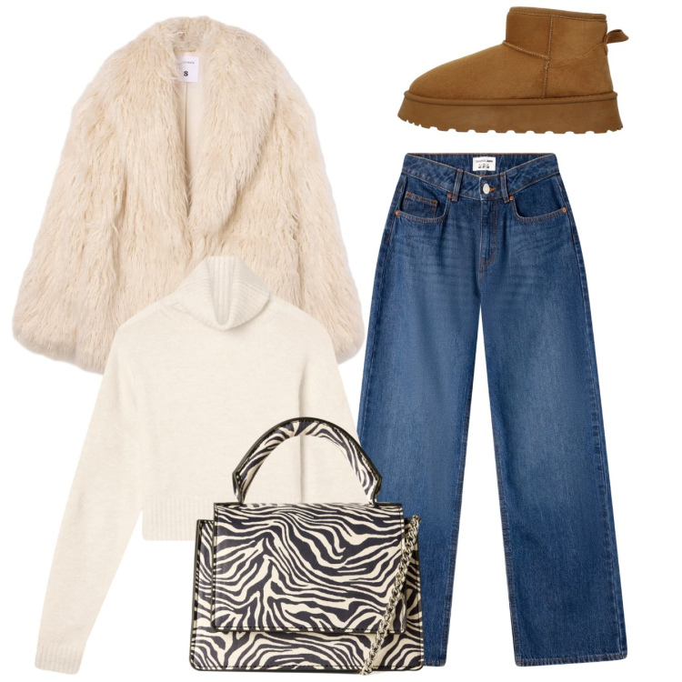 Outfit donna - Total look. Stile Bon Ton per Tutti i giorni. Abbinamento con ecopellicce, borse a tracolla, jeans, maglieria, stivali.