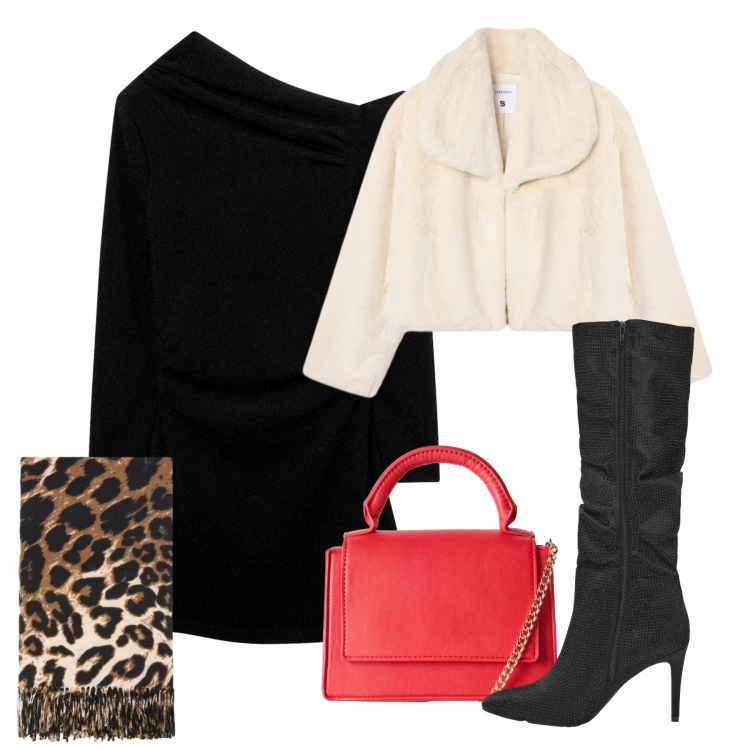 Outfit donna - Scollo asimmetrico. Stile Chic per Tutti i giorni. Abbinamento con vestiti asimmetrici, ecopellicce, borse a tracolla, stivali, sciarpe.