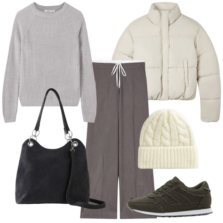 Outfit donna - Sporty. Stile Sporty chic per Tutti i giorni. Abbinamento con borse a mano, sneakers, maglieria, pantaloni, bomber, berretti.