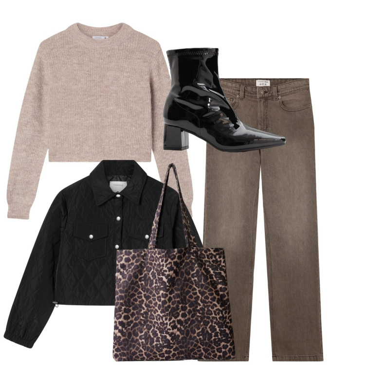 Outfit donna - Total look. Stile Casual per Tutti i giorni. Abbinamento con stivaletti, jeans bootcut, shopping bag, maglieria, giacche.