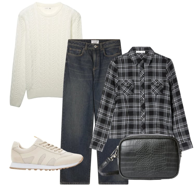 Outfit donna - Basic day. Stile Basic per Tutti i giorni. Abbinamento con sneakers, jeans dritti, camicie, pullovers, borse a tracolla.