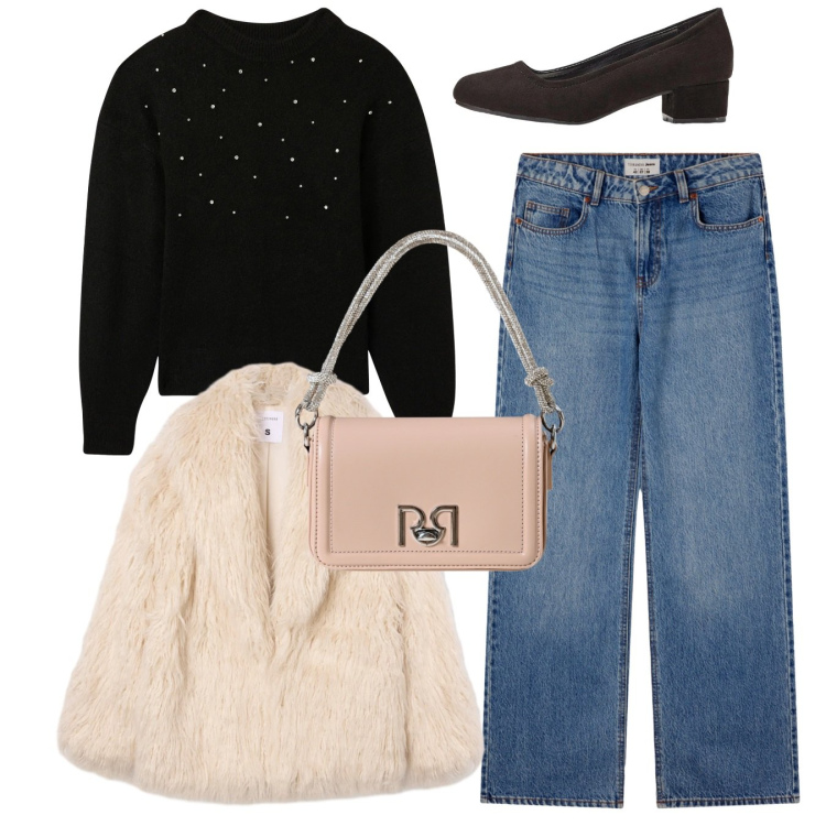 Outfit donna - Total look. Stile Casual chic per Tutti i giorni. Abbinamento con décolleté, borse a mano, ecopellicce, maglieria, jeans.