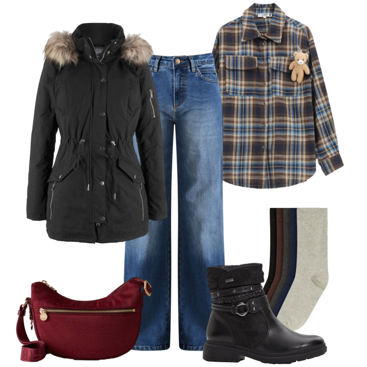 Outfit donna - Il caldo parka. Stile Casual per Tutti i giorni. Abbinamento con calzini, stivaletti, parka, camicie, jeans, borse a tracolla.