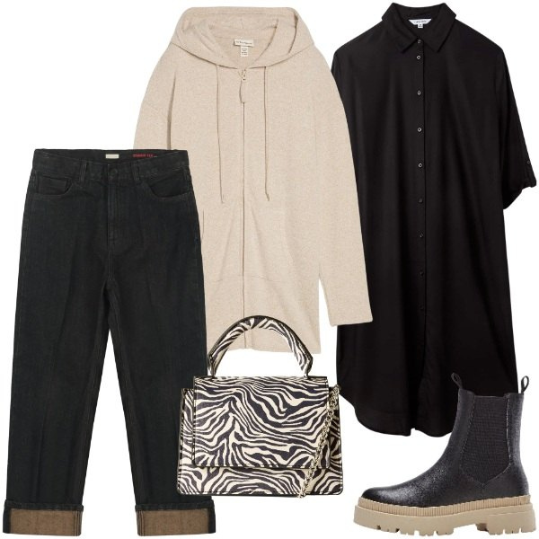 Outfit donna - borsa zebrata. Stile Urban per Tutti i giorni. Abbinamento con stivaletti chelsea, cardigans, borse a tracolla, vestiti chemisier, jeans dritti.