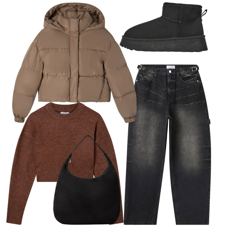Outfit donna - Total look. Stile Bon Ton per Tutti i giorni. Abbinamento con jeans, borse a mano, maglieria, bomber, stivaletti.