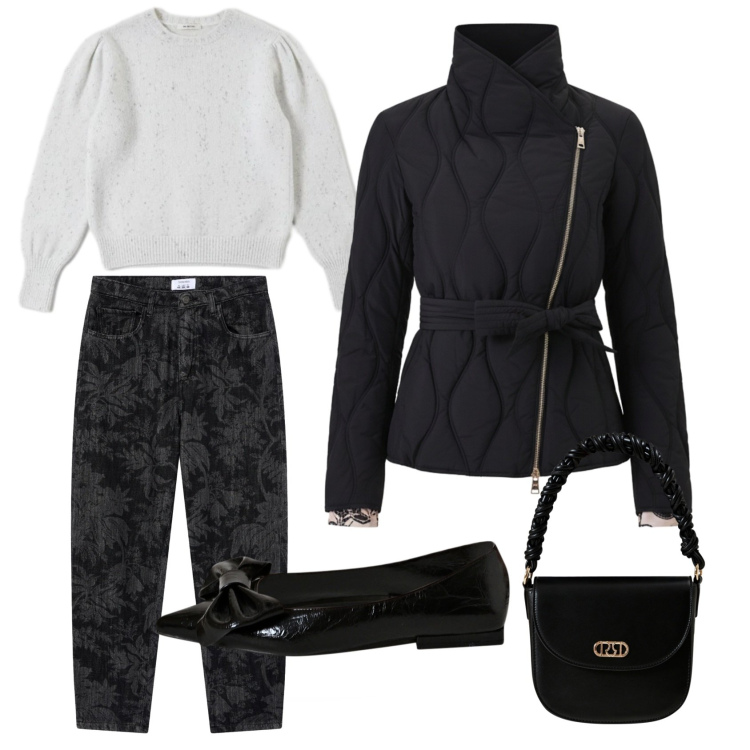 Outfit donna - Lunedì con classe. Stile Casual chic per Tutti i giorni. Abbinamento con maglieria, piumini, ballerine, borse a mano, jeans.