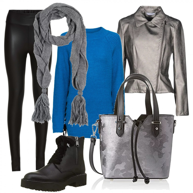 Outfit donna - Leggins e maglione. Stile Basic per Scuola/Università. Abbinamento con treggings, pullover spacchi laterali contrasto collo alto blu e corda, giubbotto effetto laminato collo classico a maniche lunghe con zip interno foderato in pelle sintetica tinta unita, sciarpa lavorato a maglia taglia media tinta unita, stivali nero, borsa a mano grigio.