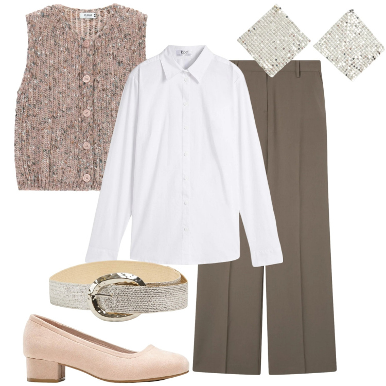 Outfit donna - Luminosa con pochi dettagli. Stile Glamour per Ufficio. Abbinamento con camicie, décolleté, gilet, pantaloni a palazzo, orecchini, cinture.