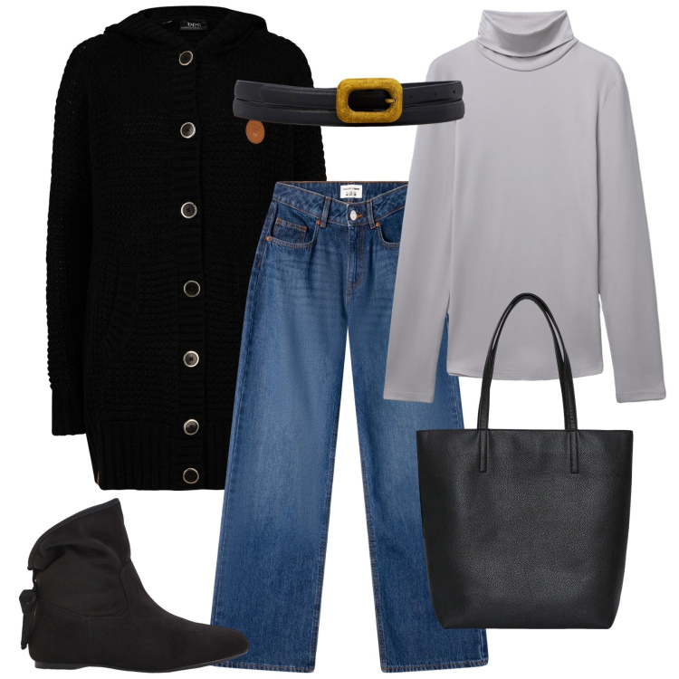 Outfit donna - Al pub. Stile Casual per Tutti i giorni. Abbinamento con cardigans, stivaletti, borse tote, jeans, t-shirt, cinture.