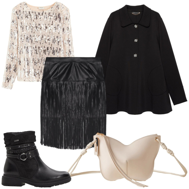 Outfit donna - Gonna con maxi frange. Stile Chic per Serata fuori. Abbinamento con stivaletti, maglieria, borse a tracolla, minigonne, blazer.