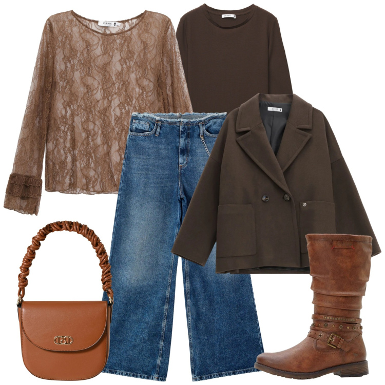 Outfit donna - Cacao e jeans. Stile Casual chic per Tutti i giorni. Abbinamento con stivali, cappotti, top, borse a mano, t-shirt, jeans dritti.