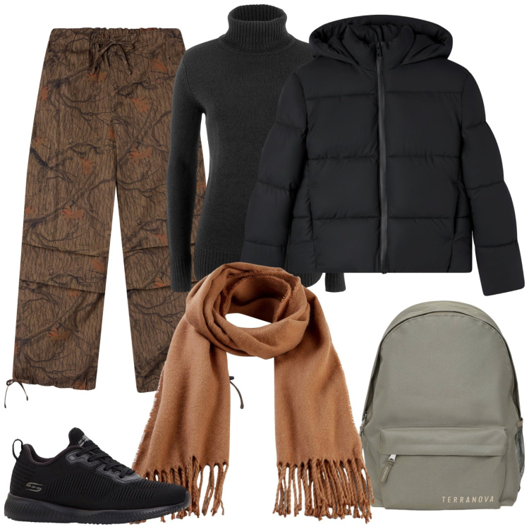 Outfit donna - Pantaloni camouflage. Stile Military per Tutti i giorni. Abbinamento con maglieria, sneakers, sciarpe, zaini, bomber, pantaloni cargo.