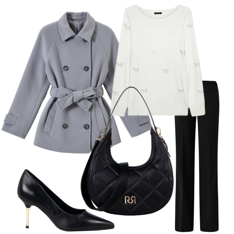 Outfit donna - Total look #2296932. Stile Casual chic per Tutti i giorni. Abbinamento con pantaloni a palazzo, borse a tracolla, décolleté, caban, maglieria.