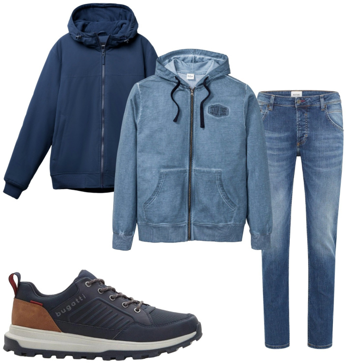 Outfit uomo - La domenica fredda. Stile Casual per Tutti i giorni. Abbinamento con jeans dritti, felpe con cappuccio, sneakers, giacche.