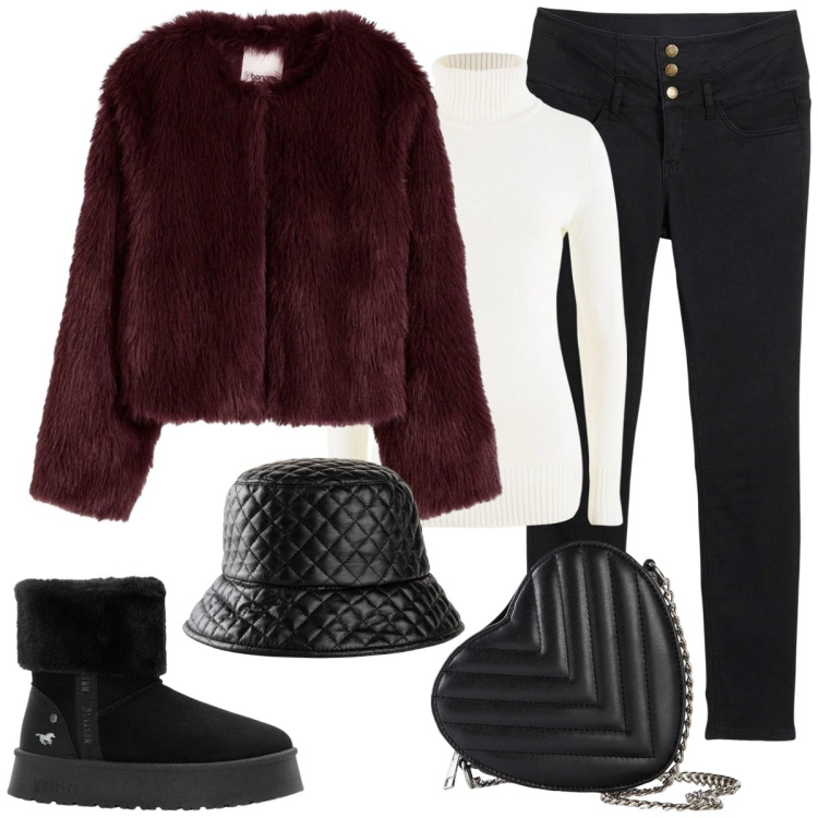 Outfit donna - Winter glamour. Stile Glamour per Tutti i giorni. Abbinamento con cappelli con visiera, maglieria, borse a tracolla, jeans skinny, ecopellicce, stivaletti.