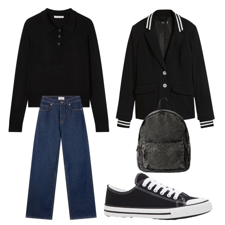 Outfit donna - 8 dicembre. Stile Vintage retrò per Tutti i giorni. Abbinamento con blazer, sneakers, jeans, polo, zaini.