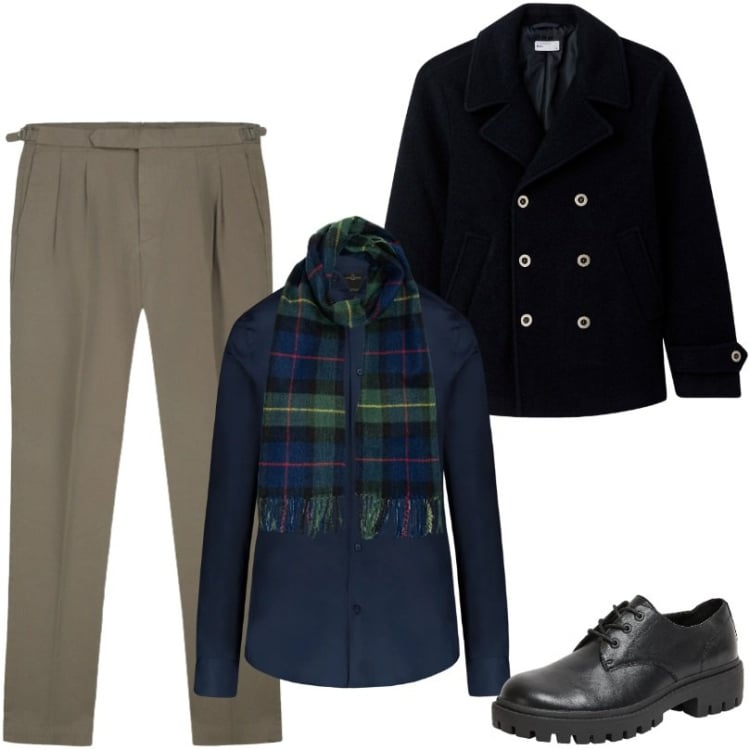 Outfit uomo - Passeggiata in centro. Stile Business/Elegante per Serata speciale. Abbinamento con scarpe stringate, cappotti, camicie, sciarpe, pantaloni.