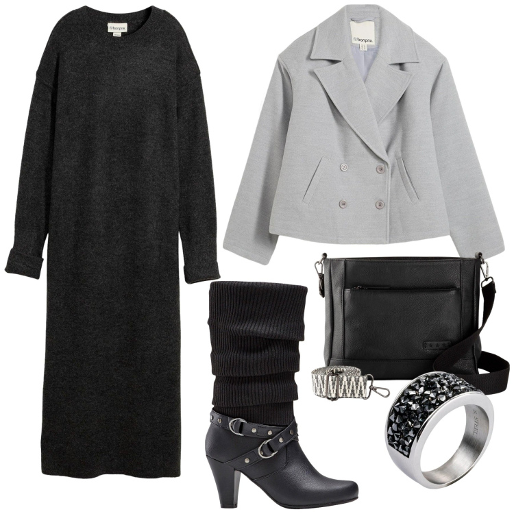 Outfit donna - Bonprix - Party black romance. Stile Chic per Tutti i giorni. Abbinamento con stivali, caban, borse a tracolla, vestiti midi/longuette, anelli.