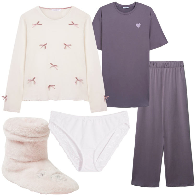Outfit donna - La notte violetta. Stile Basic per Tutti i giorni. Abbinamento con culotte, pigiama, pigiama, pigiama, pantofole.