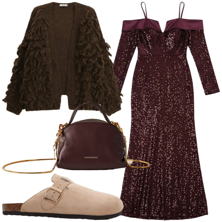 Outfit donna - Stile. Stile Glamour per Serata fuori. Abbinamento con pantofole, cardigans, vestiti lunghi, borse a mano.
