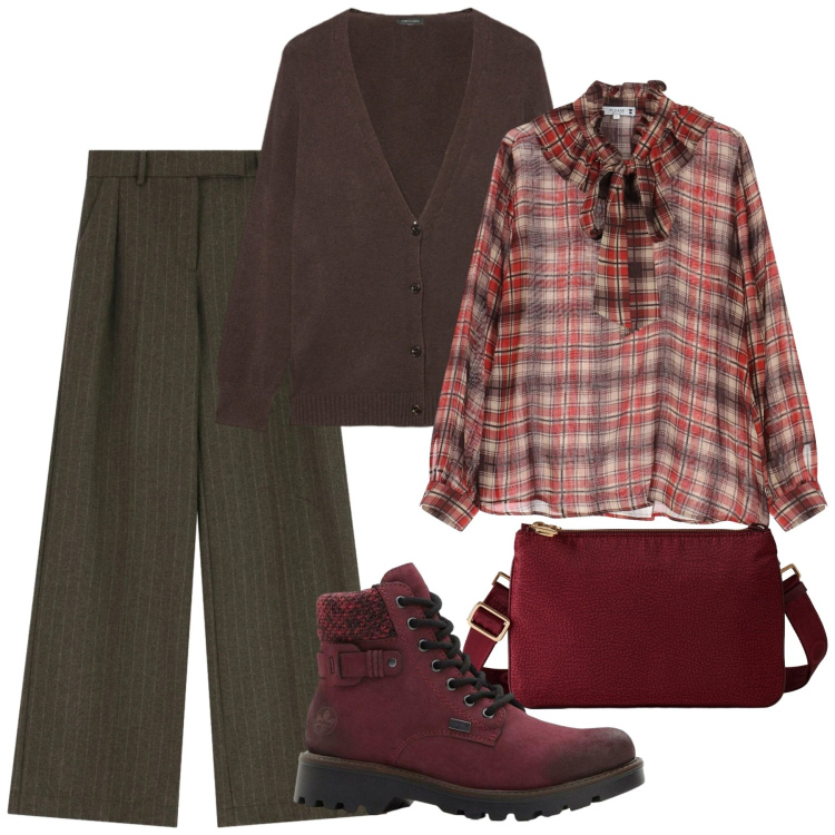 Outfit donna - Camicia a scacchi. Stile Casual chic per Tutti i giorni. Abbinamento con stivaletti, pantaloni a palazzo, bluse, borse a tracolla, cardigans.