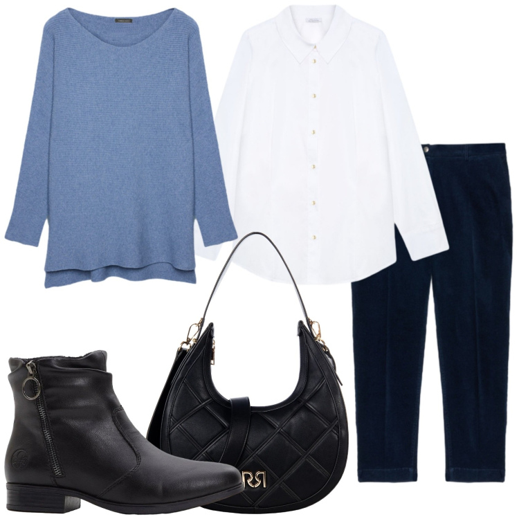 Outfit donna - Blu e nero stanno bene. Stile Casual per Tutti i giorni. Abbinamento con stivaletti, borse a tracolla, maglieria, camicie, pantaloni.
