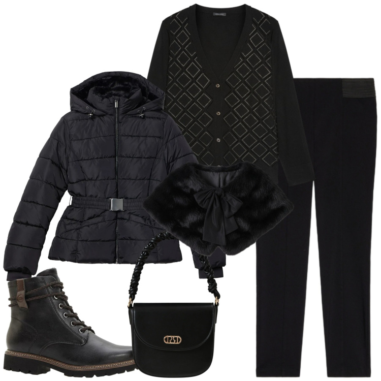 Outfit donna - Black. Stile Casual chic per Tutti i giorni. Abbinamento con stivaletti, piumini, stole, borse a mano, cardigans, jeggings.