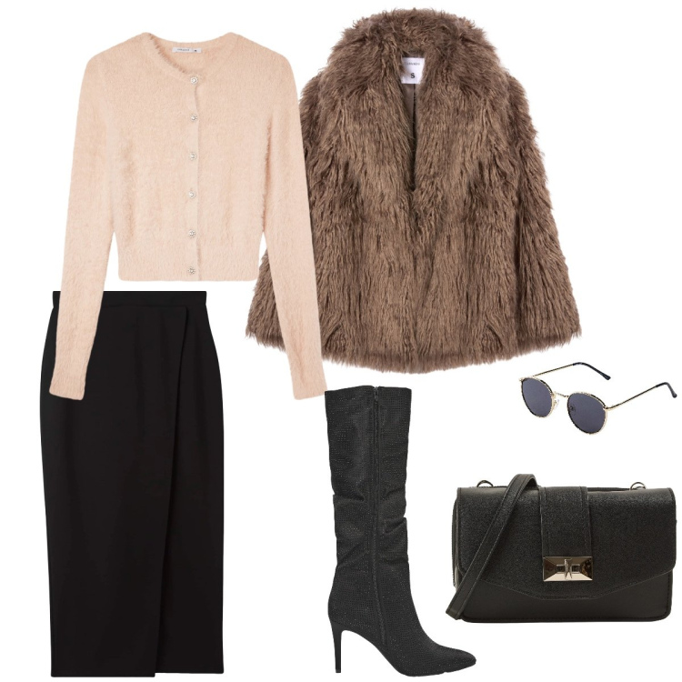 Outfit donna - Total look #2296976. Stile Casual chic per Tutti i giorni. Abbinamento con occhiali da sole, gonne longuette, borse a tracolla, cardigans, stivali, ecopellicce.