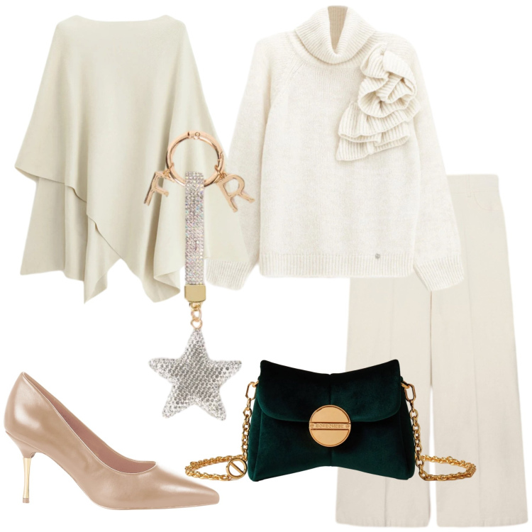 Outfit donna - Gift of style. Stile Chic per Serata fuori. Abbinamento con maglieria, maglieria, décolleté, borse a tracolla, pantaloni a palazzo, portachiavi.