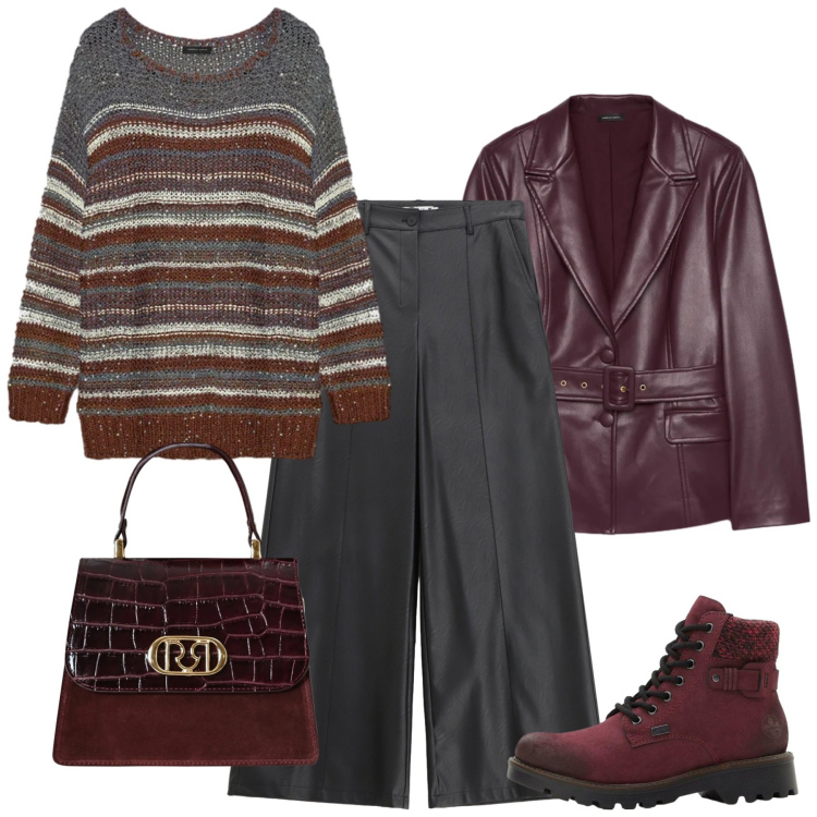 Outfit donna - Tocchi wine. Stile Bon Ton per Tutti i giorni. Abbinamento con stivaletti, pantaloni, borse a mano, blazer, maglieria.